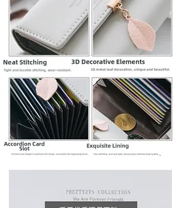 Detailed views of PU leather wallet showing leaf pendant and multi-card slots