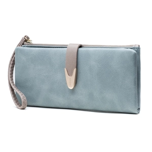 Vintage frosted gray-blue long wallet for women with leather wristlet and gold hardware