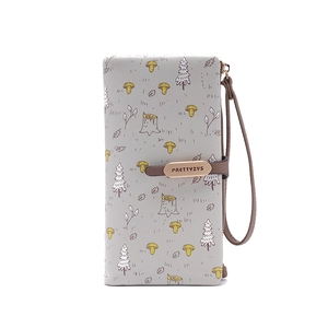 Light gray long PU leather wallet with forest mushroom print and golden metal clasp