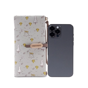 Long grey PU leather wallet with forest pattern and phone for size reference