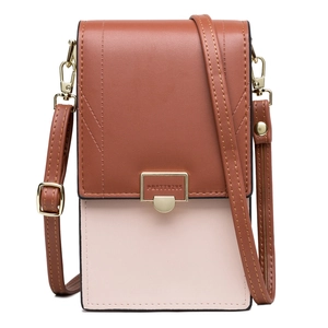 Vertical two-tone PU leather crossbody phone bag in brown and pink with golden buckle