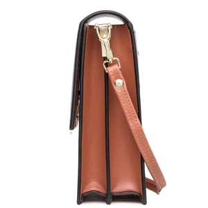 Brown PU leather vertical crossbody phone bag with multi-layer side gusset design
