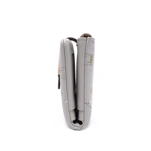 Side view detail of light grey PU leather long wallet showing stitching and thickness