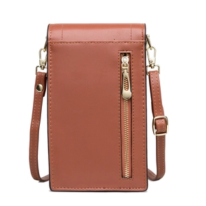 Chic brown PU leather vertical crossbody phone bag with gold metal zipper and flap cover