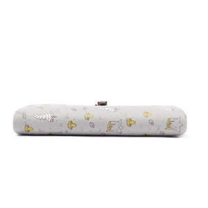 Close-up of a long PU leather wallet featuring cartoon forest mushroom and tree patterns