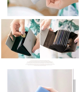 Detail view of the multi-slot accordion card holder in blue PU leather with snap closure