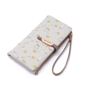 Detailed view of the grey floral PU leather wallet featuring a wrist strap and logo