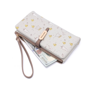 Long PU leather women's wallet with forest cartoon print and wrist strap in grey