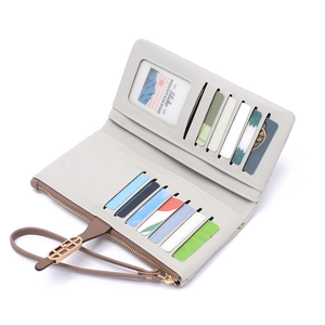 Light gray long leather wallet for women with 11 card slots and zipper pocket