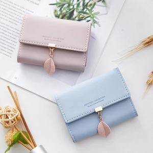 Minimalist PU leather folding card holders for women with leaf pendants in pink and blue