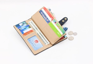 Detailed view of long wallet interior with 11 card slots and zippered coin pocket