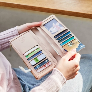 Pink PU leather long wallet for women with multiple card slots and zipper pocket