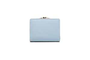 Close-up of light blue PU leather wallet with vintage gold clasp and precise stitching