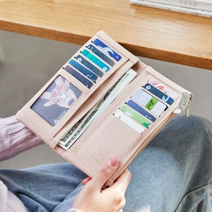 Pale pink long women's PU leather wallet featuring leaf buckle and multi-card slot design