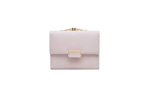 Detail of light purple bifold wallet with diamond quilt pattern and gold brand buckle