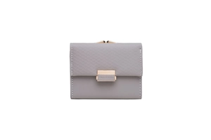 Detail of gray PU leather wallet showing quilted texture and golden metal buckle closure