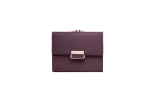 Close-up of deep purple checkered wallet featuring a vintage gold kiss-lock and brand logo