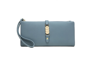 Close-up of Morandi blue long wallet with litchi texture and golden metal disk detail