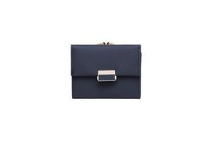 Close-up of trifold plaid wallet with gold metal clasp and textured dark blue PU leather