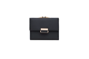 Detail of black tri-fold wallet showing quilted pattern and gold PRETTYZYS metal buckle