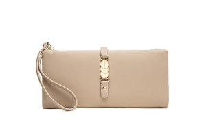 Close-up of the long PU leather wallet with gold hardware accents and wrist strap