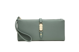 Close-up of Morandi green long wallet with lychee pattern leather and gold metal pendant