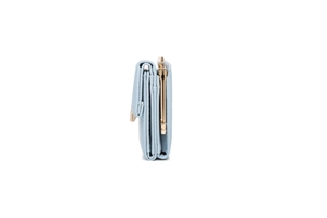 Side view of multi-layered light blue plaid wallet showing gold hardware and fold detail