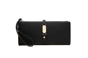 Detail of black PU leather clutch wallet with gold hardware and wristlet strap
