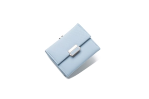 Close-up of light blue trifold wallet with diamond pattern texture and gold metal buckle