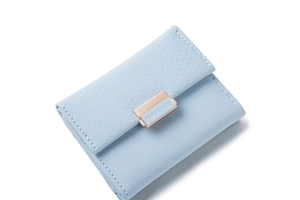 Close-up of light blue trifold wallet featuring quilted patterns and gold metal buckle