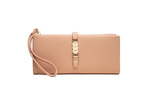 Detail of nude pink long PU leather wallet with litchi grain and gold metal hardware