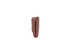 Side view of long bifold faux leather wallet showing folding structure and gold hardware