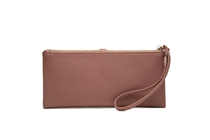 Close-up of pink PU leather long wallet featuring a gold zipper and decorative wristlet strap