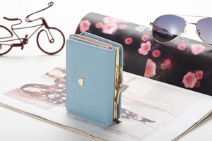 Detail of light blue tri-fold wallet with gold heart hardware and vintage clasp closure