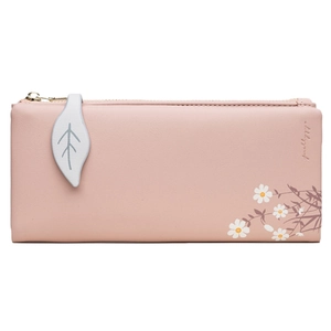 Pink PU leather long wallet for women featuring elegant leaf clasp and daisy floral patterns