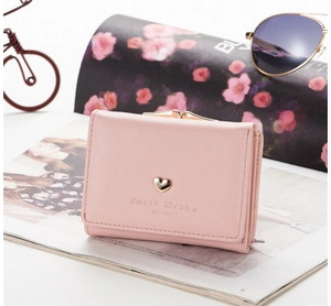 Pink PU leather tri-fold short wallet with gold heart charm and Sweet Dream engraving