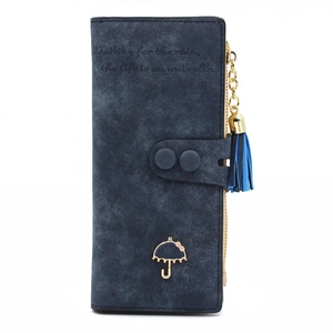 Navy blue matte faux leather long wallet with umbrella charm and tassel detail