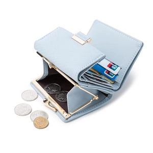 Short tri-fold light blue plaid PU leather wallet for women with multi-card slots