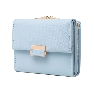 Light blue tri-fold PU leather wallet for women with plaid texture and metal clasp