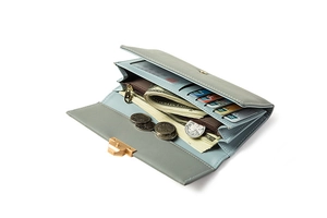 Detail view of large capacity long wallet with card slots and metal zipper pocket