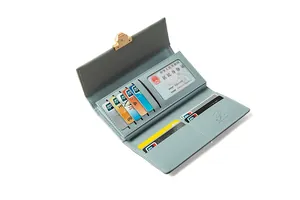 Light blue lychee grain leather wallet showing multiple card slots and ID window detail