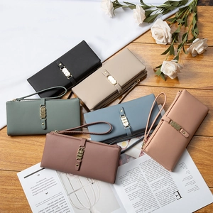 Elegant long PU leather wallets for women in six colors with metal disk and wrist strap