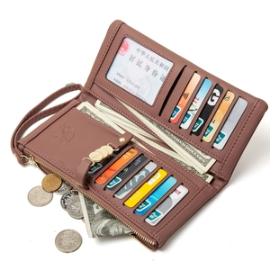 Long pink PU leather wallet for women with multi-card slots and secure zip pocket
