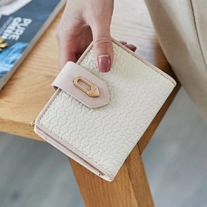 Women Short Wallet PU Leather Heart Buckle Wave Textured Bifold Purse Multi Card Slots Zip Coin Pocket