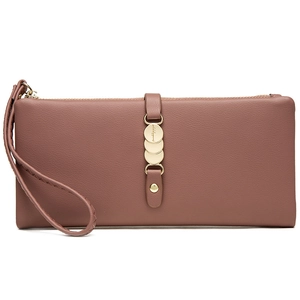 Long PU leather wallet in dusty pink with wrist strap and circular gold clasp buckle