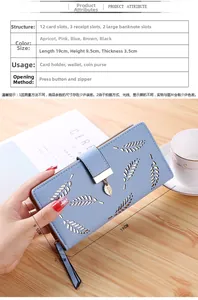 Detailed view of light blue women wallet with leaf cutout and multi-card slot structure