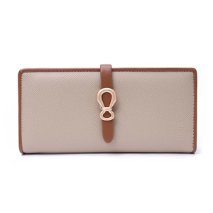 Close-up of long bifold wallet featuring pebble leather texture and gold metal buckle