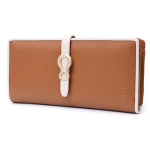 Detail of long brown faux leather wallet with cream strap and gold bow buckle closure