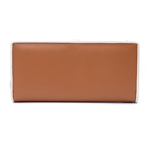 Detail shot of brown litchi grain leather wallet with cream white contrast piping