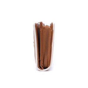 Side view of multi-layer folding wallet with card slots and a zipper compartment